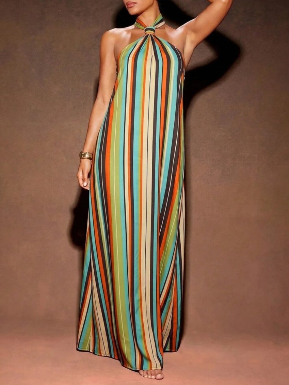 Multicolor Striped Halter Maxi Dress with Twisted Neck Detail